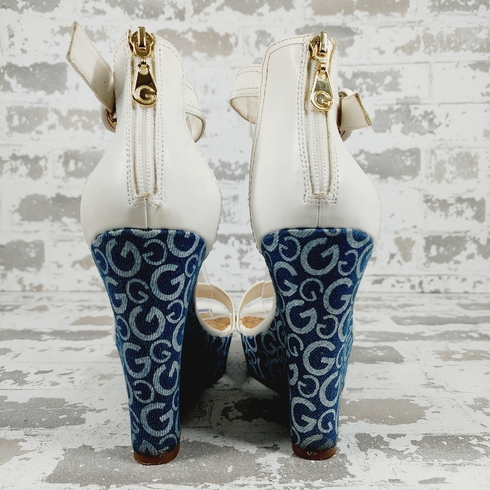 Guess Womens Donny Shoes White Blue Signature Logo Wedge Platform Sandals D54 - Picture 6 of 15